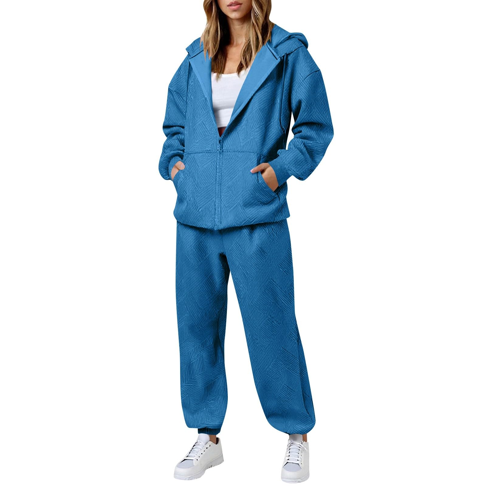 

Женский модный повседневный кардиган с капюшоном и длинными рукавами, однотонный, на молнии, топ и брюки, комплект из двух предметов L синий