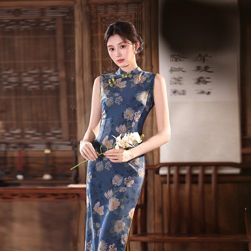 Blue sleeveless Chinese style new Chinese daily Suzhou long qipao, improved youth 1011 new style for women's sophistication