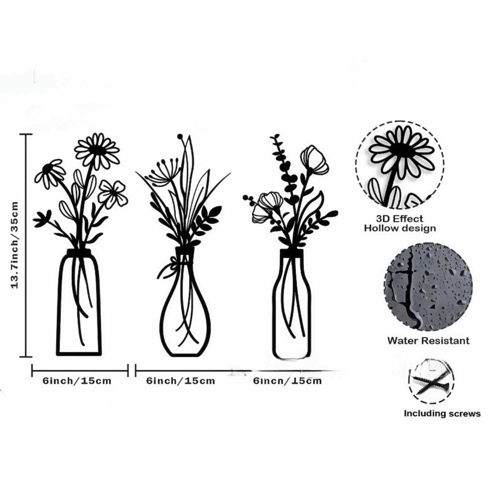 3 Pieces Set Vase Design Floral Decor 3D Wall Stickers Wall Decor Metal Flowers Wall Art  Bathroom