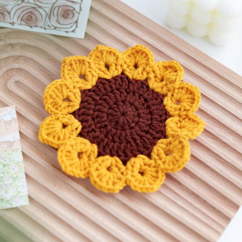 Cute Crochet Coasters Flower Potted Plant Crochet Cup Mat Sunflower Rose Flower Coaster for Home Office Decor Housewarming Gift