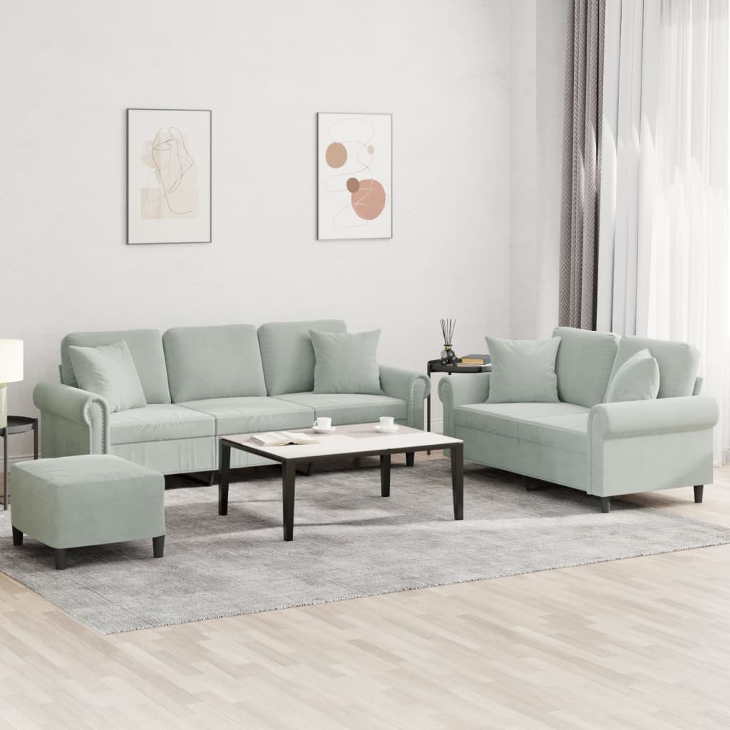 Vidaxl 3-Cz. Komplet Wypoczynkowy Z Poduszkami, Jasnoszary, Aksamit