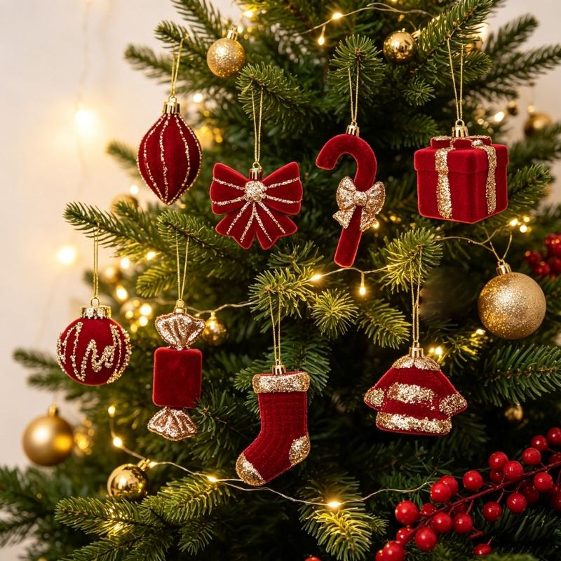 Wine Red Christmas Decorations with Soft-Looking Textured Finish, Gold Trim, and Hanging String for Holiday Tree and Porches