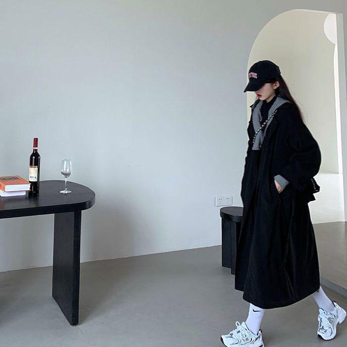 2025 New Korean Style Women's Color Block Mid-Length Trench Coat - Black Casual Spring/Autumn Wear