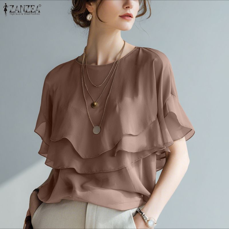ZANZEA Women Casual Round Neck Loose Ruffles Short Sleeve Blouse