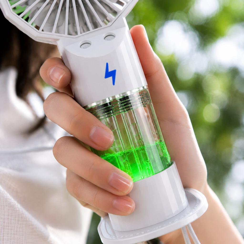 Tragbarer Handventilator mit zwei Düsen und Sprühfunktion, effizientes geräuscharmes Design mit wiederaufladbarem Akku und einstellbarem Luftstrom für den Innen- und Außenbereich