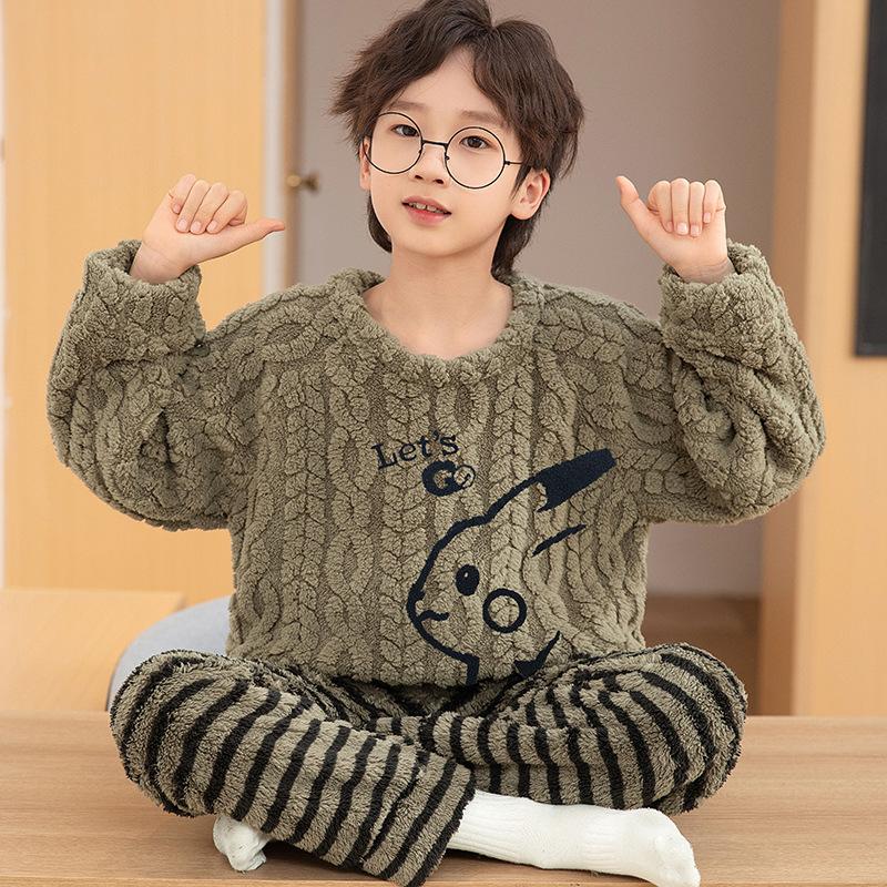 Kids Flannel Pajamas Set Boys Girls Warm Long Sleeve Top And Pants Sleepwear Winter Home Nightwear