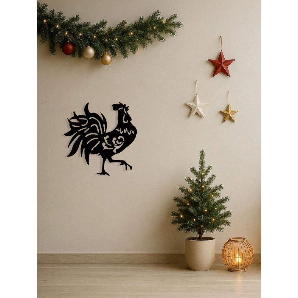 Metal Rooster Wall Art, Black Iron Indoor Outdoor Sculpture, Farmhouse Home Decor Gift for Chicken Lovers, Waterproof Rustproof Hanging Ornament