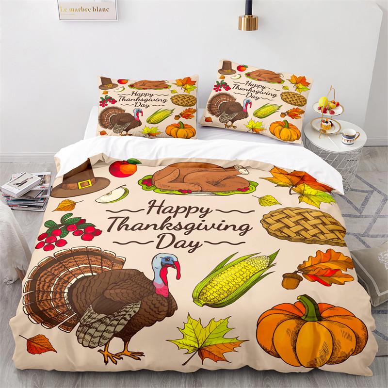 Thanksgiving Day King Duvet Cover Cartoon Pumpkin Turkey Bedding Set Microfiber Maple Leaves Comforter Cover For Boys Girls Teen