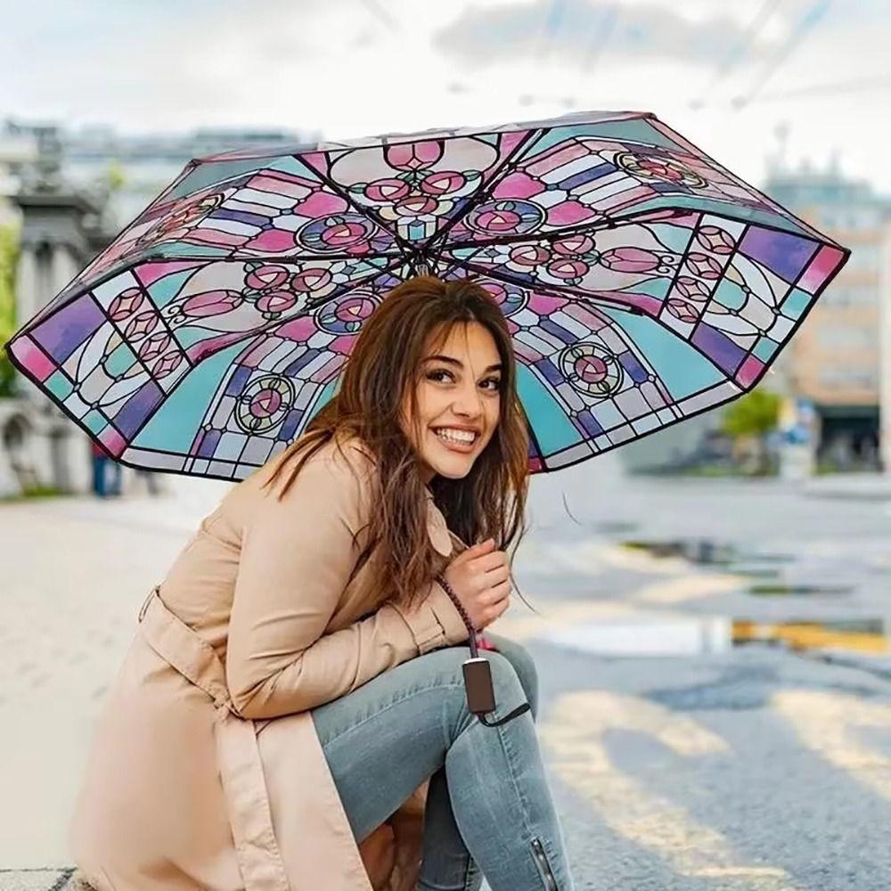 Stained Glass Print Stained Glass Umbrella Hand-Painted Design Long Handle Umbrella  Sun Protection