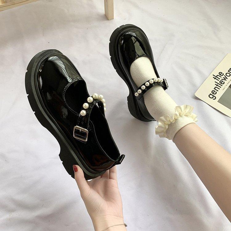 

French retro British style small leather shoes female summer new pearl fairy word with platform Mary Jane single shoes 35 чёрный