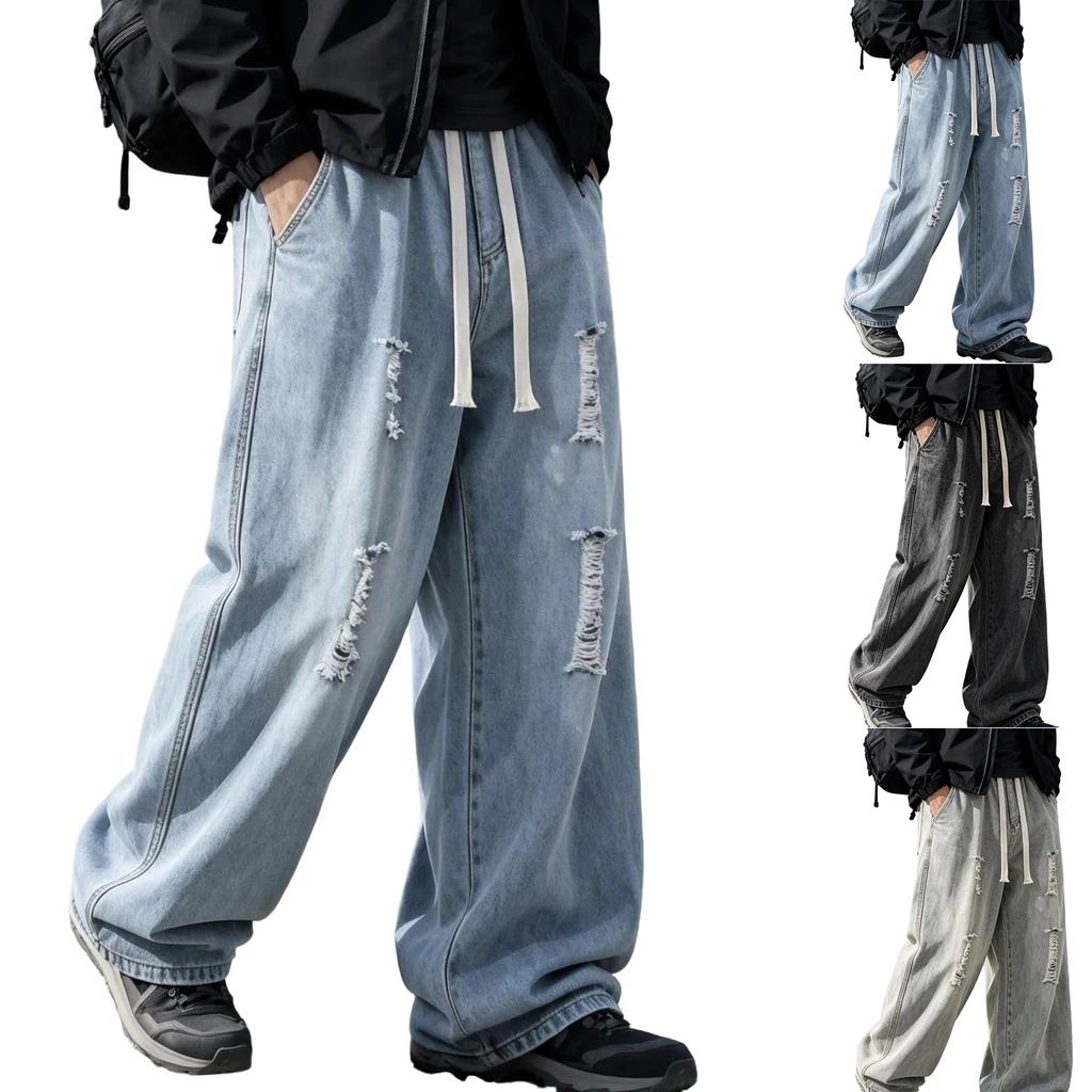 Men's Baggy Ripped Wide Leg Jeans with Elastic Waist, Streetwear for Spring and Fall