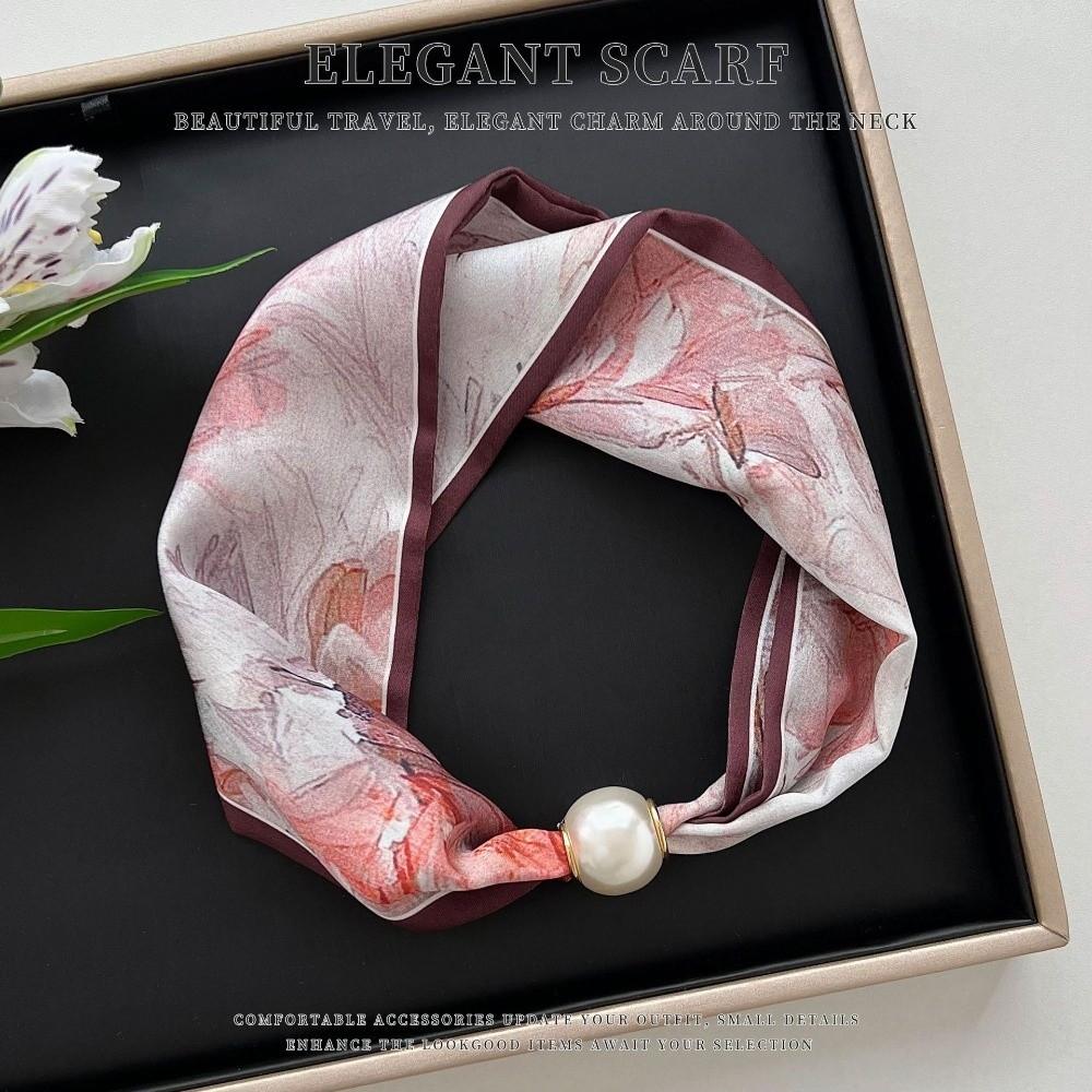 Thin Pearl Silk Scarf Magnetic Clasp Neck Wrap Fashion Neckerchief  for Women