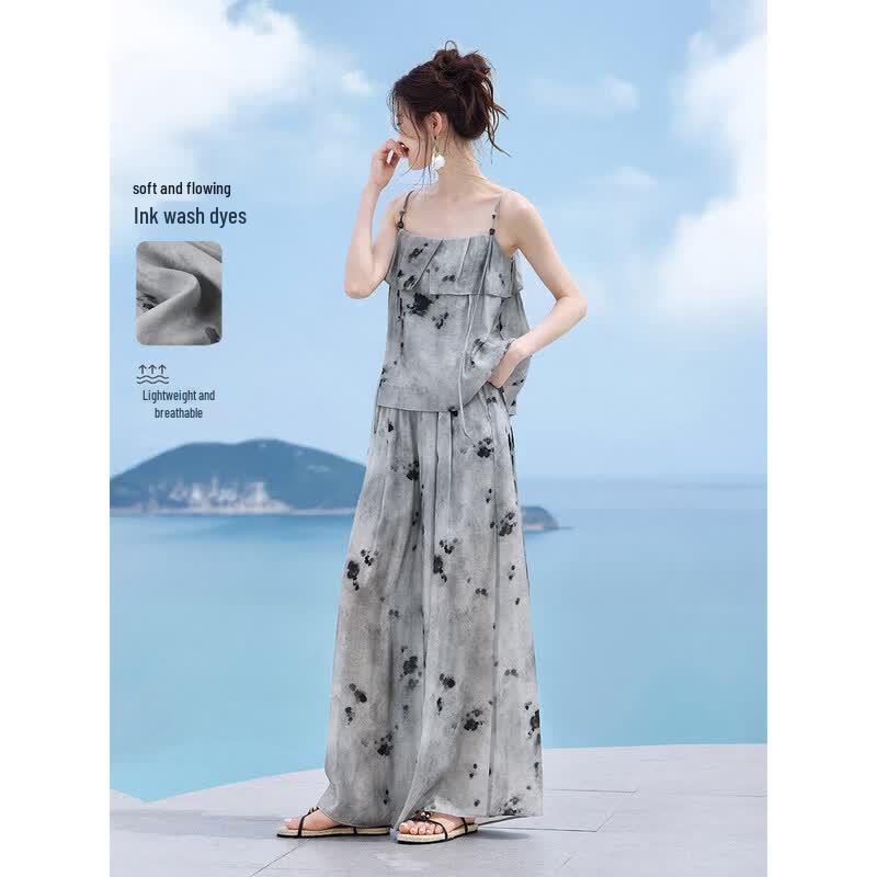 Soft Flowy Ink Print Strappy Wide-Leg Two-Piece Set
