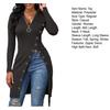 Women Spring Fall Top Zipper V Neck Long Sleeve High Split Hem Mid Length Elastic Lace Up Waist Strap Solid Color Lady Long Blouse