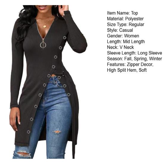 Women Spring Fall Top Zipper V Neck Long Sleeve High Split Hem Mid Length Elastic Lace Up Waist Strap Solid Color Lady Long Blouse
