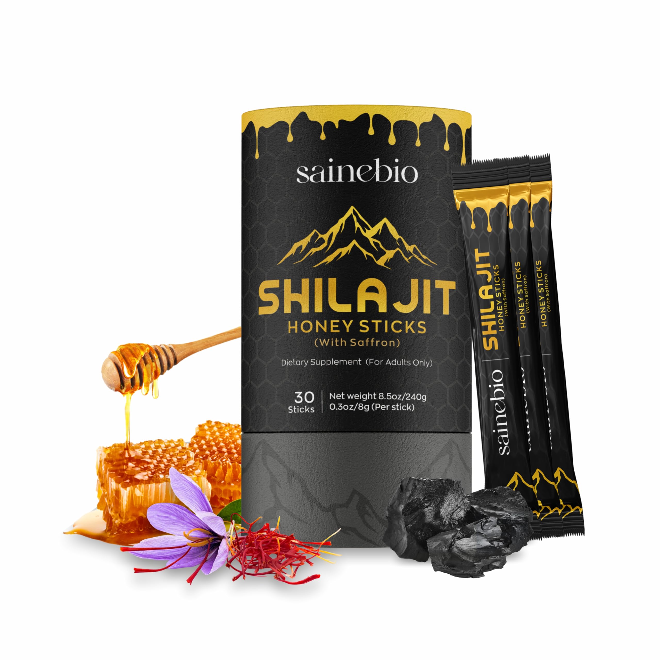Sainebio Shilajit Honig-Sticks mit Safran | Reines Shilajit-Harz | Tägliches Wellness-Präparat | Unterstützt Energie & Vitalität | 30 Einzelportionen-Sticks