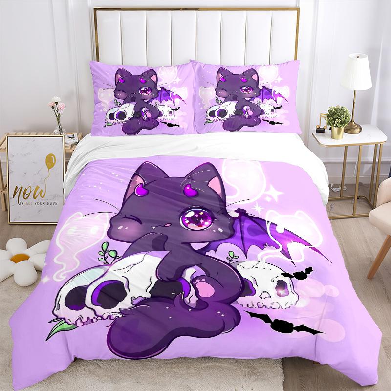 3pcs Kitten & Skeleton Bedding Set 1 Soft Quilt Cover + 2 Pillowcases,  Suitable for All Seasons N062