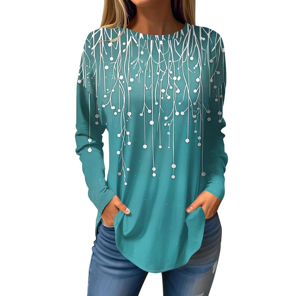 Women's Loose Round Neck Print Long Sleeve T-Shirt Top Pullover