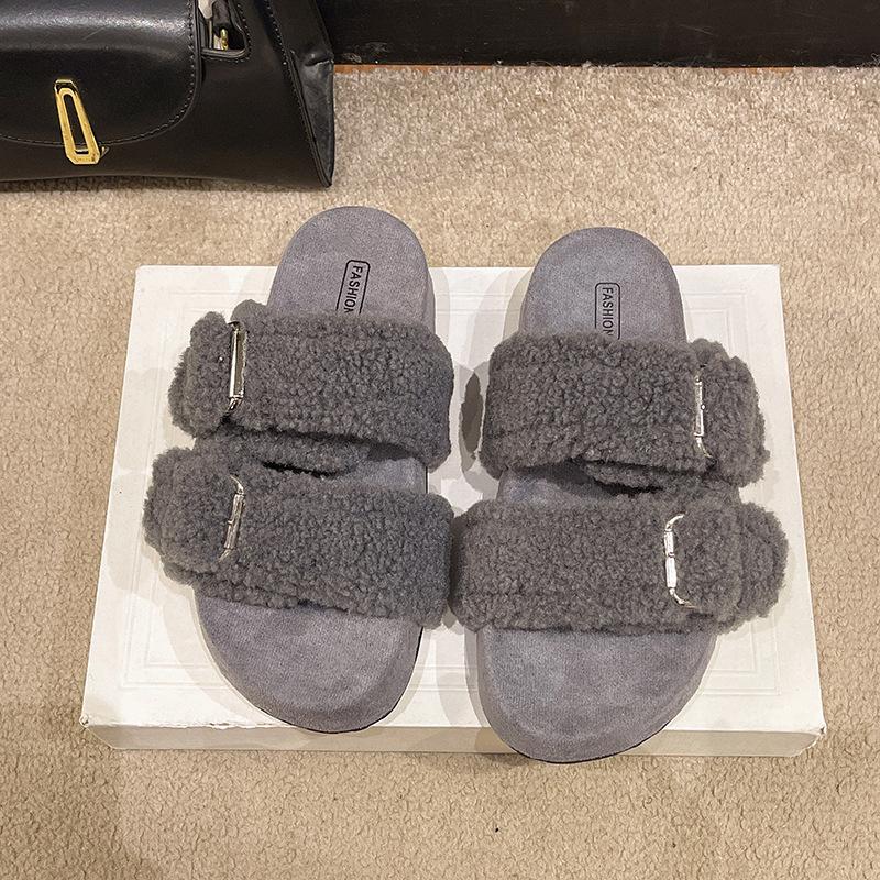 Double-buckle Boken Hairy Slippers for Women's Outer Wear 2025 Autumn New Thick-bottomed Muffin One-word Mop Versatile Casual Cotton Mop