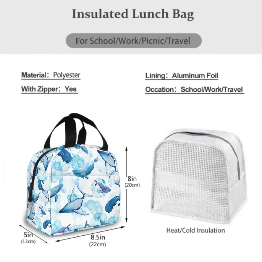 Wildlife Big Blue Whales Lunch Bag Adult Tote Bag Reusable Lunch Box Container For Women Men School Office Work
