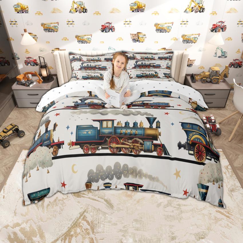 

Homewish Kids Cartoon Car Duvet Cover Set 2pcs/3pcs, Cute Train Truck Tractor Bedding, Transportation Themed Bed Set DE XS 100x135cm 2pcs&set