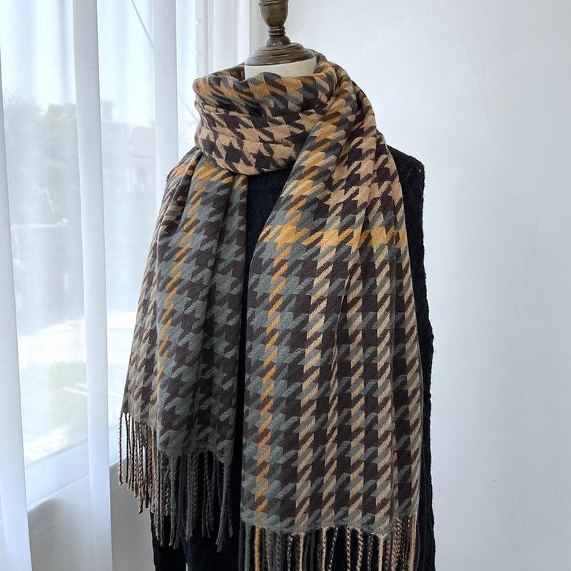 New Houndstooth Scarf for Women In Winter Versatile Korean Style Imitation Cashmere Autumn and Winter Warm Thickened Scarf Shawl Trendy