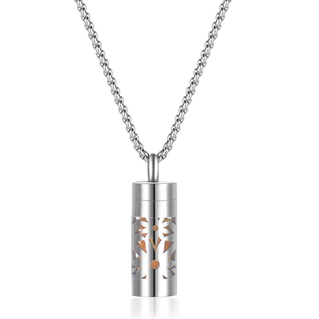 Stainless Steel Aromatherapy Pendant Necklace with Hollow Cylinder and Cross Pendant