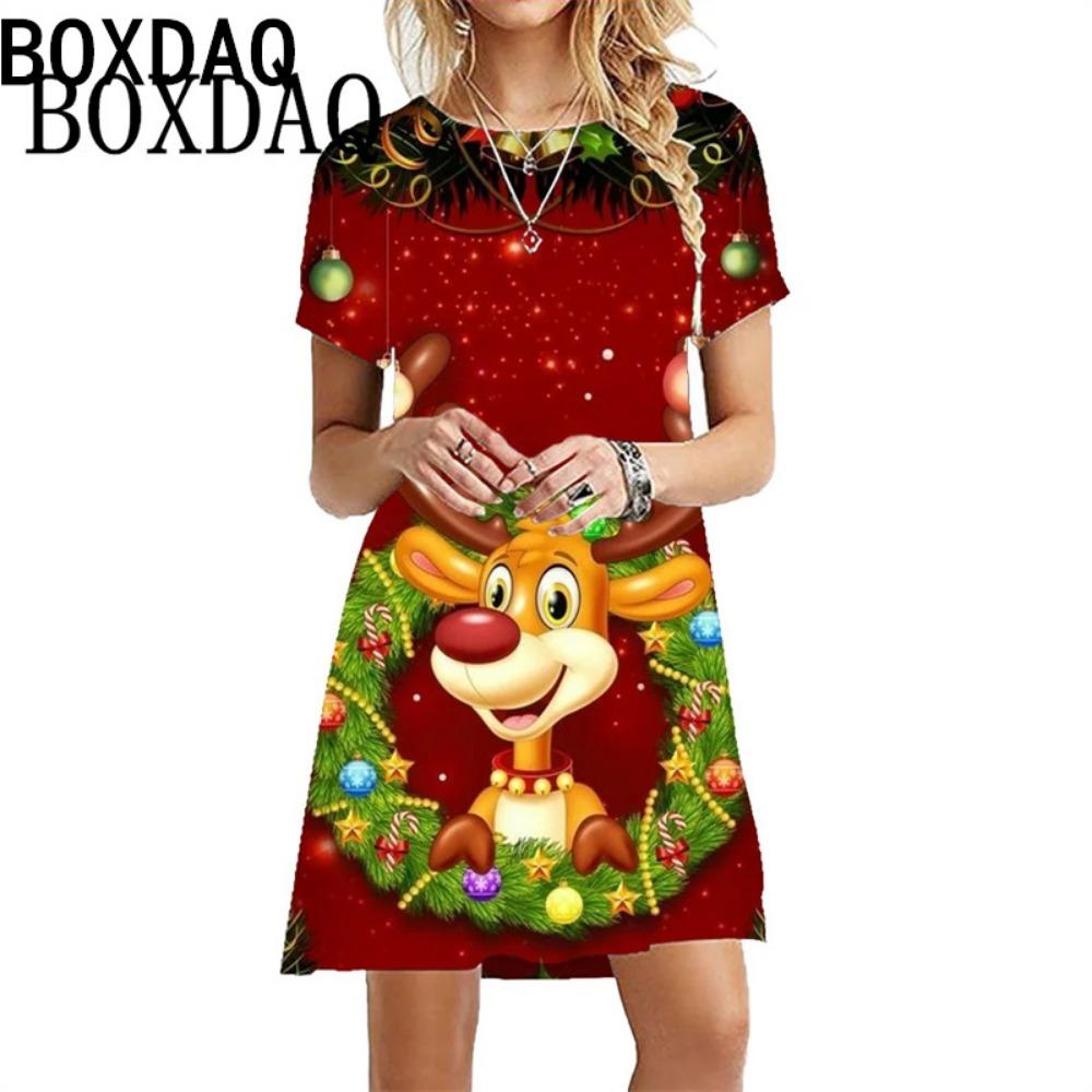 

Christmas Deer Print Dress Female Cute Sweet Santa Casual Party Dress Summer Short-sleeved Loose Mini Dress S