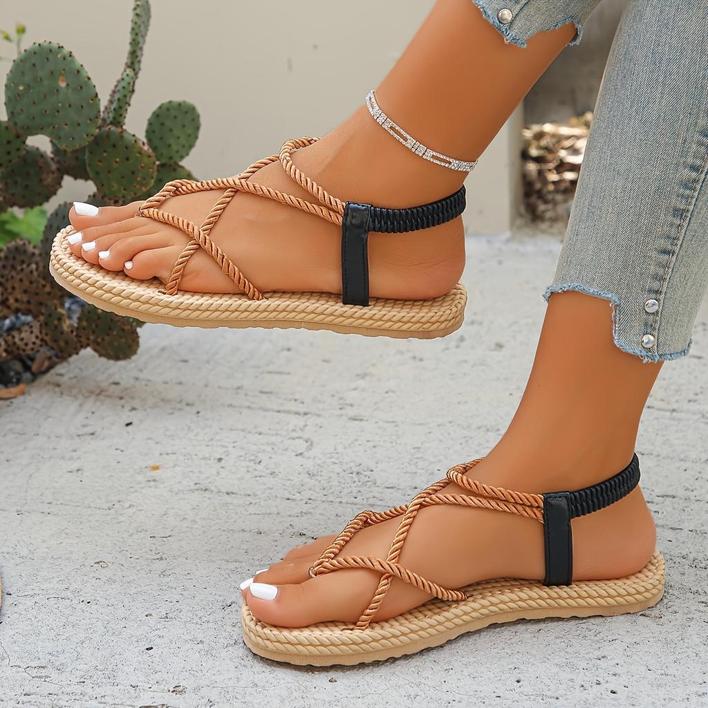 Women'S Fashion Woven -Toe Elastic Band New Flat Casual Sandals, Women Shoes