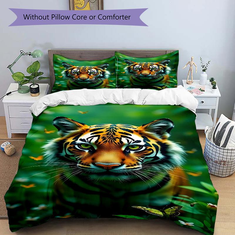 3Pcs Tiger Print Printed Bedding Set, Breathable And Soft, Machine Washable, Christmas Gift, Suitable for Bedroom Decoration, 15143