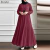 ZANZEA Abito casual musulmano da donna, girocollo, manica lunga, ampio, plissettato