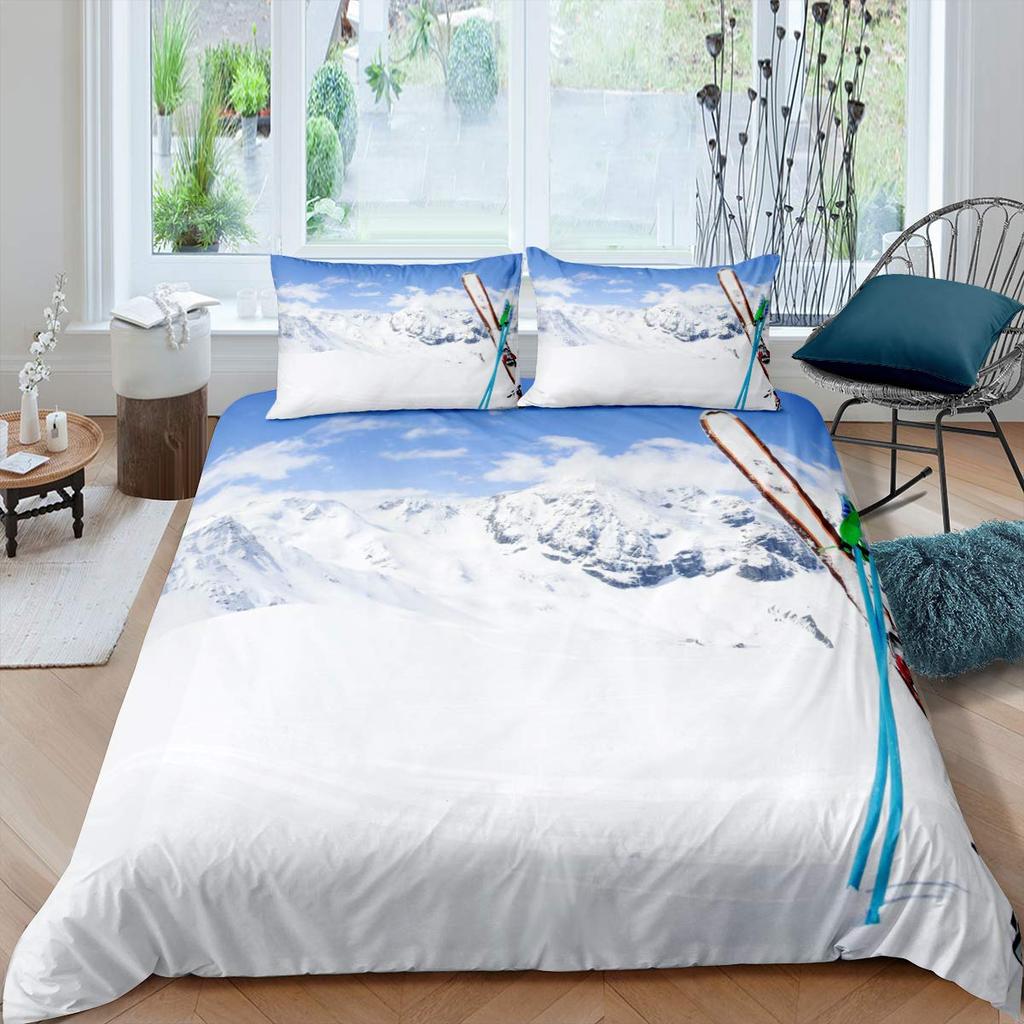 Winter Ski Sports King Queen Duvet Cover Snow Skiing Bedding Set Cartoon High Mountain Landscape 2/3 Pcs Blue White Quilt Cover