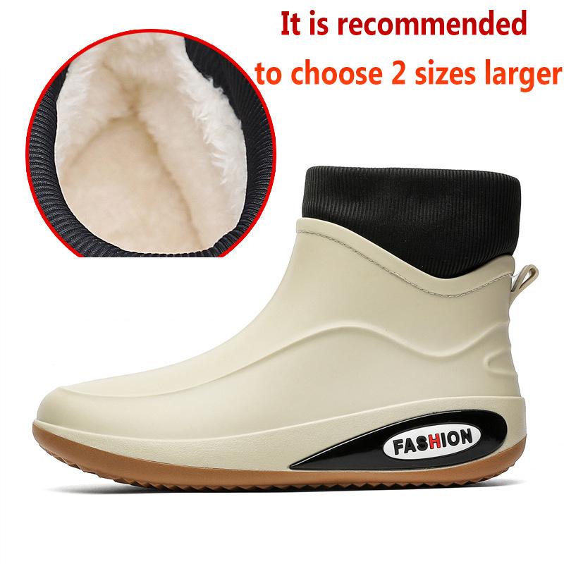 Fashion Rain Shoes Ankle Men Waterproof Shoes Rain Boots Low Top Anti-slip Wear-resistant Plush Kitchen Water Boots Fishing Rubber Shoes