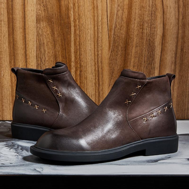 Casual Chelsea Boots Men'S Medium Help Tooling Short Boots British Retro Leather Martin Boots Versatile Cowhide Boots Men'S