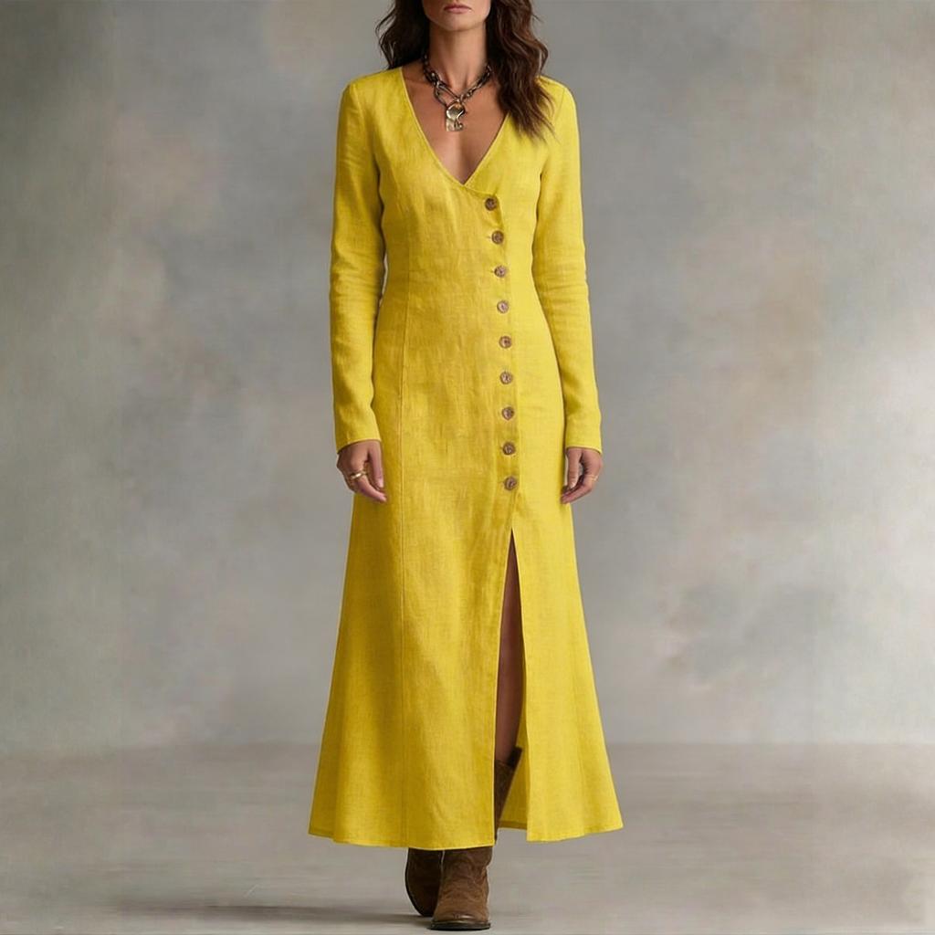 Women's Fashionable Casual Cotton-Linen Long-Sleeve Button-Down Dress