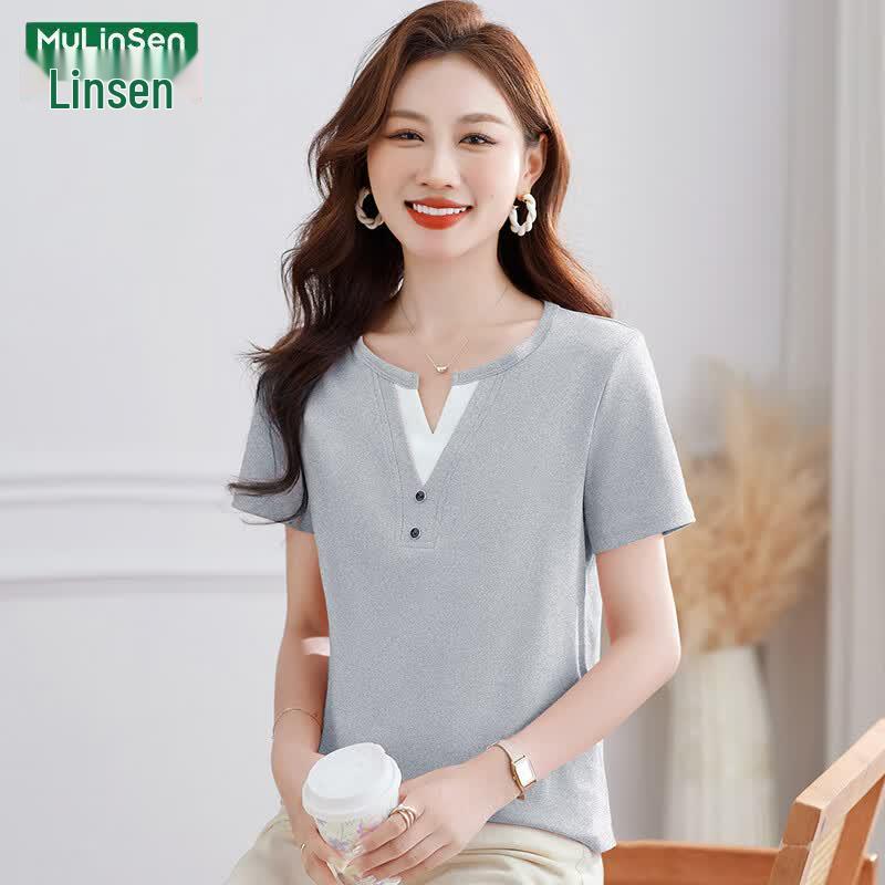 

MULINSEN 2026 Women s Pure Cotton V-Neck Short Sleeve T-Shirt 3XL