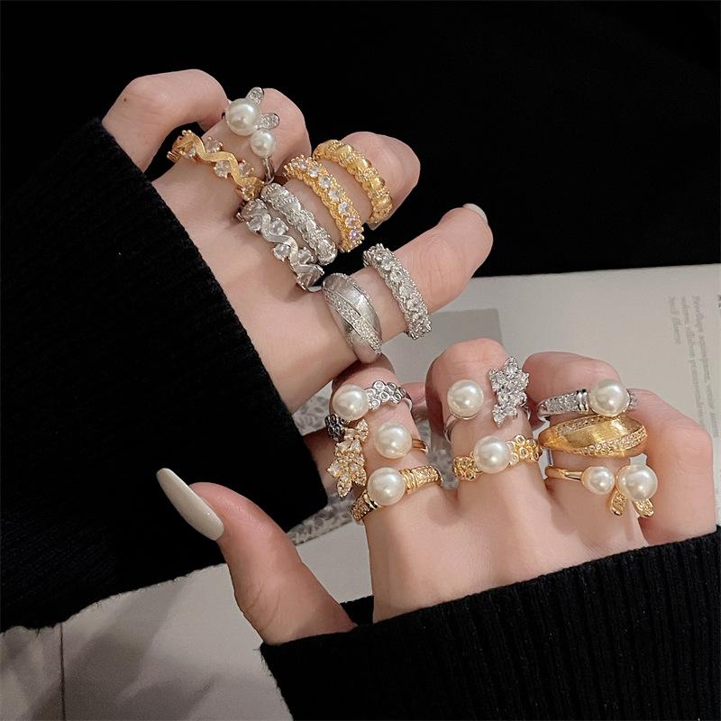 French Medieval Personality Retro Brushed Vintage Pearl Open Ring Light Luxury High Sense Niche Ring Woman