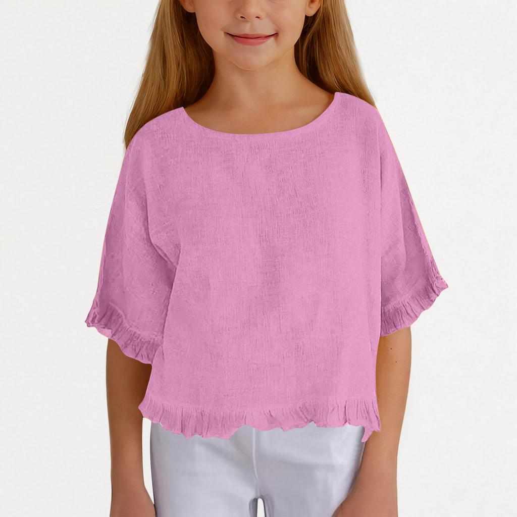 Girls' Linen Ruffle Top - Short Sleeve Round Neck Blouse