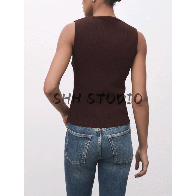 Autumn New Women Clothes Casual Round Neck Sleeveless Metal Button Decoration Knitted Slim Fit Vest 17034140