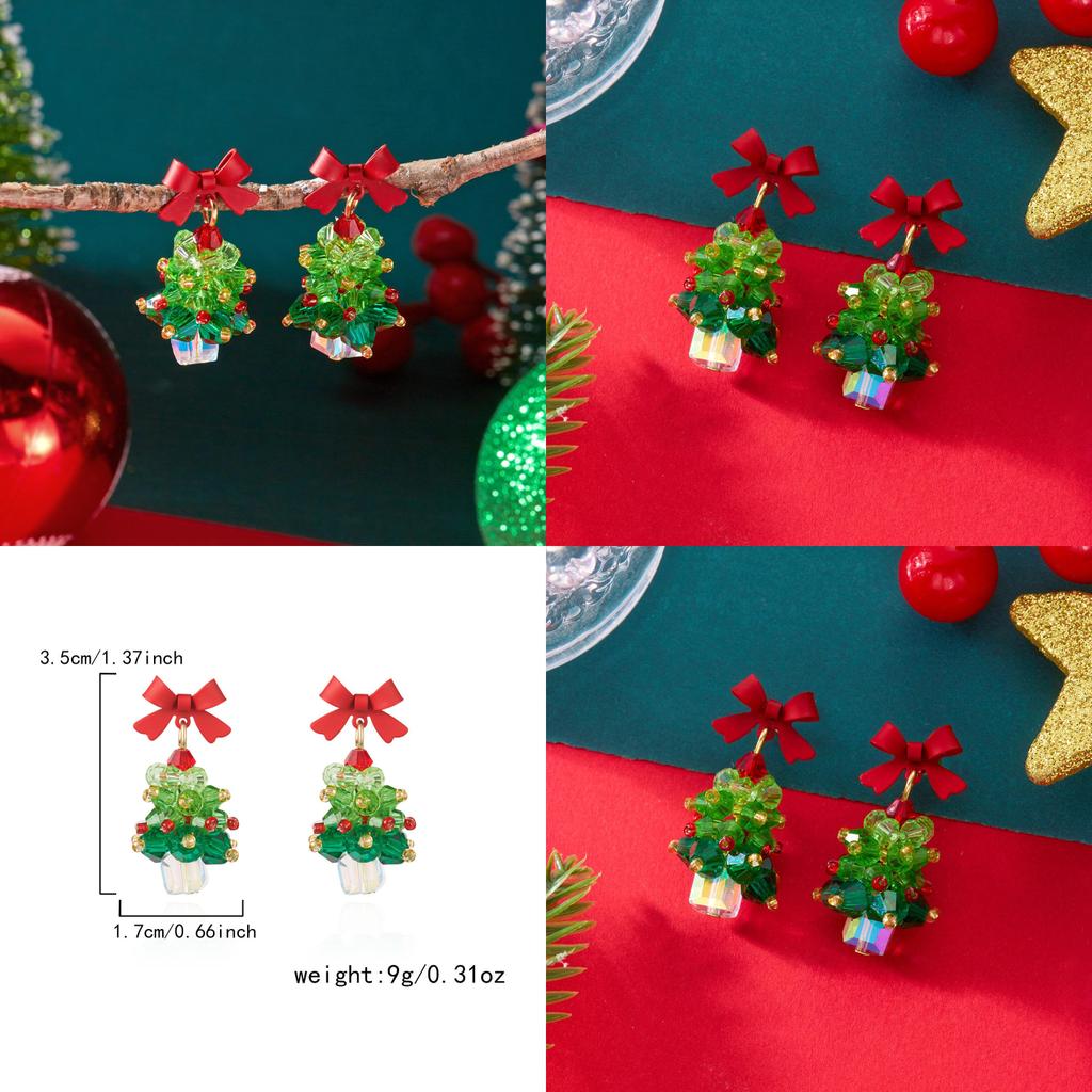 Holiday Earrings Women Alloy Red Bow Christmas Tree Jewelry With Glitter For Christmas Party Accessory