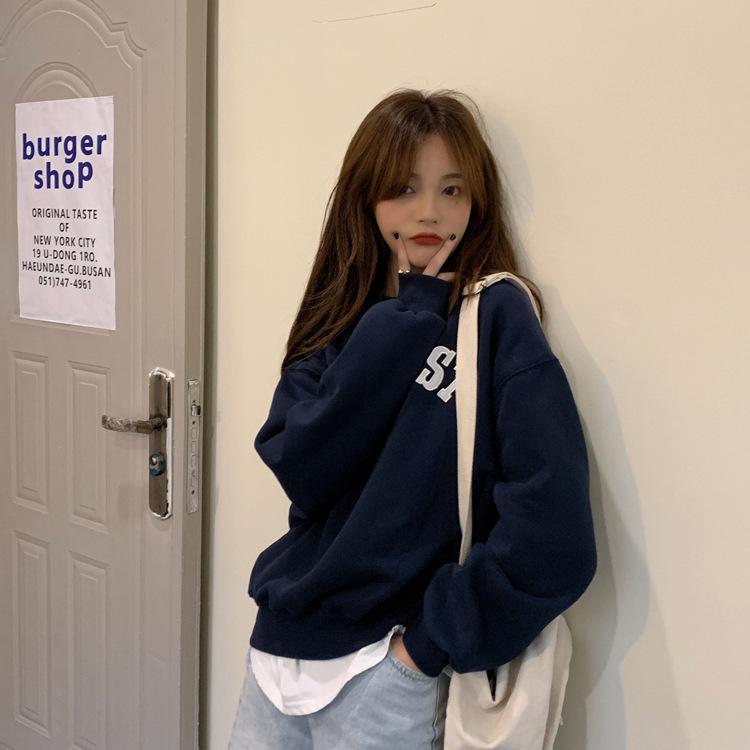 Frühlings- und Herbst Damen Übergröße Stickerei Buchstaben Sweatshirt Locker Rundhals Mode Langarm Oberteil