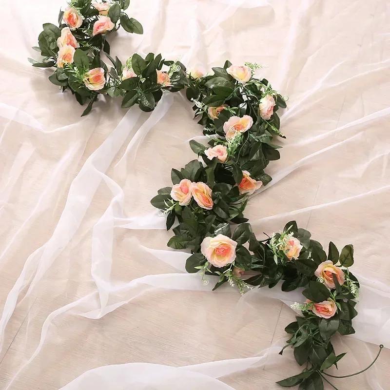 2024 Vine Hanging Silk Artificial Rose Flowers for Wall Christmas Fake Plants Leaves Garland Romantic Wedding Home Decoration