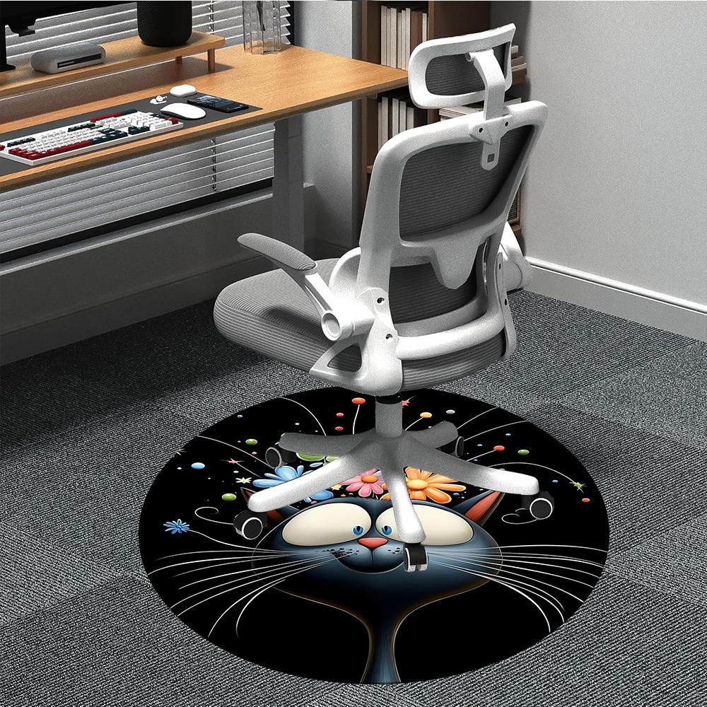 1pc Flower Cat Office Round Area Rug, Under Office Chairs Bedroom Living Room Home Decor, Room Deco, Available in Various Sizes