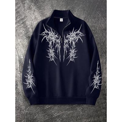 Sudadera con cremallera corta estampada oscura gótica para hombre, corte ajustado, estilo casual con cuello alto, tejido ligeramente elástico