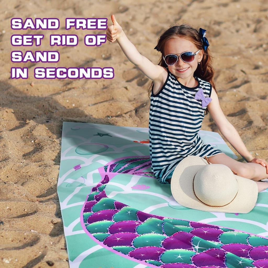 Magic Mermaid Beach Towel for Girls, Colorful Ocean Princess Art Quick-Dry Sand-Free Microfiber Bath Towel for Pool and Travel