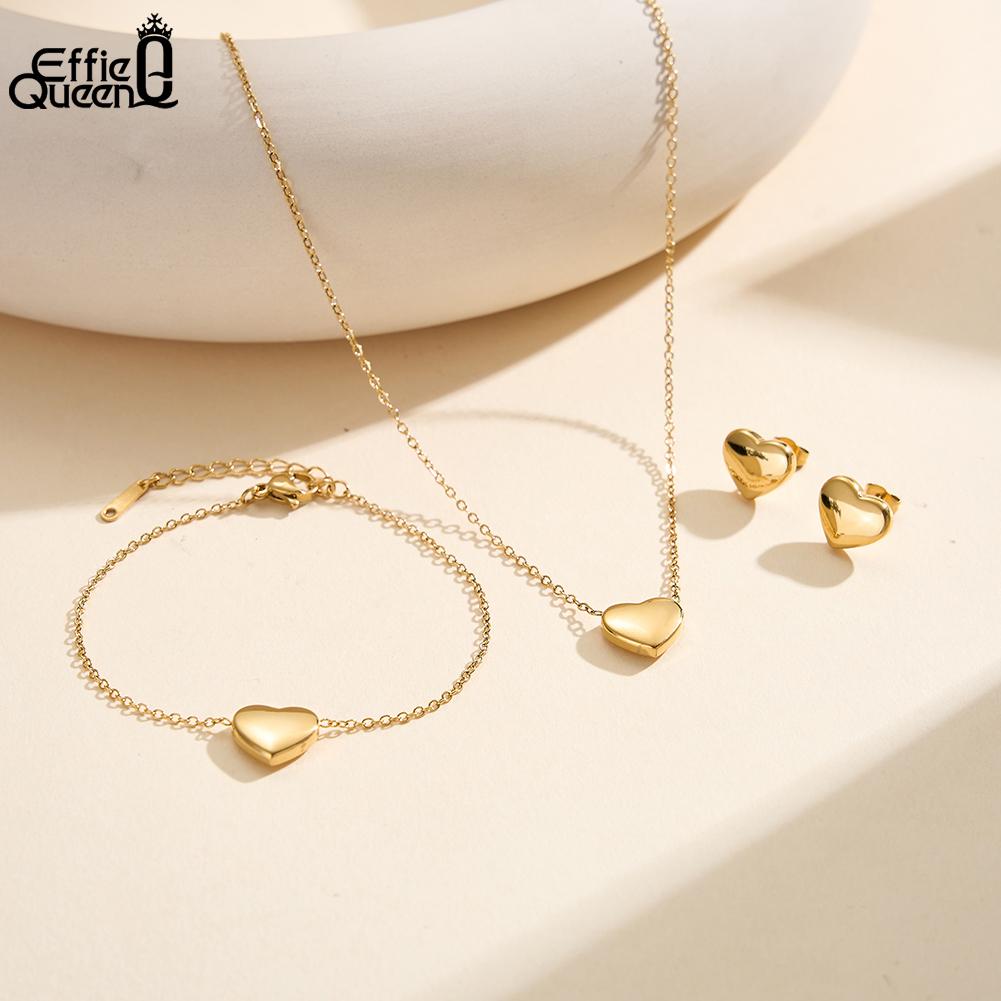 EFFIE QUEEN 18K Gold Plated Heart Necklace Stainless Steel Heart Pendant Choker Chain Texture Trendy Jewelry Waterproof STKN20