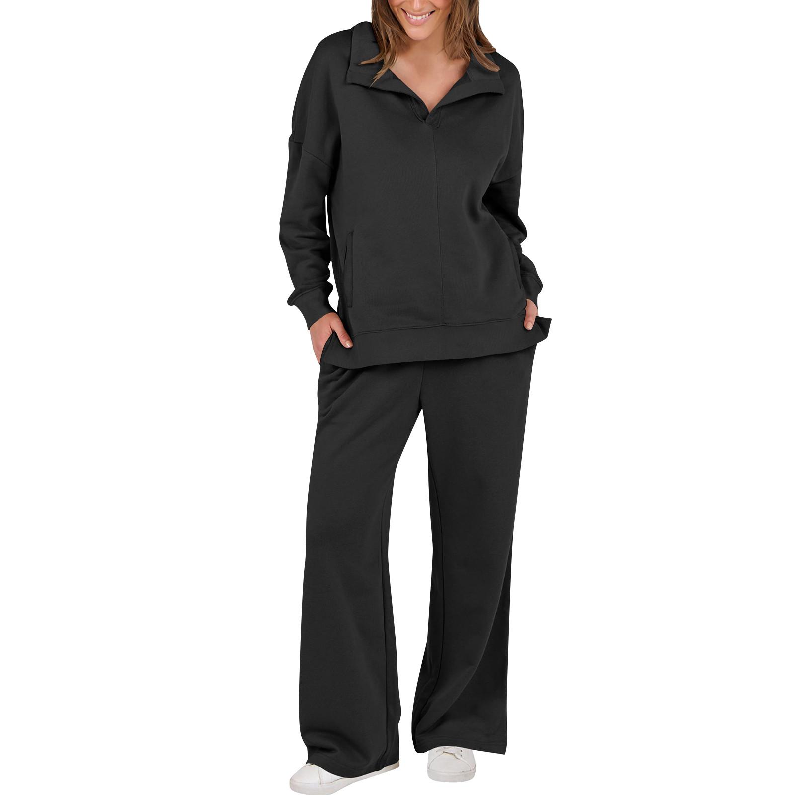 

Women s Fashion Solid Color Long Sleeve Top And Pants Casual Leisure Two Piece Set XXL чёрный