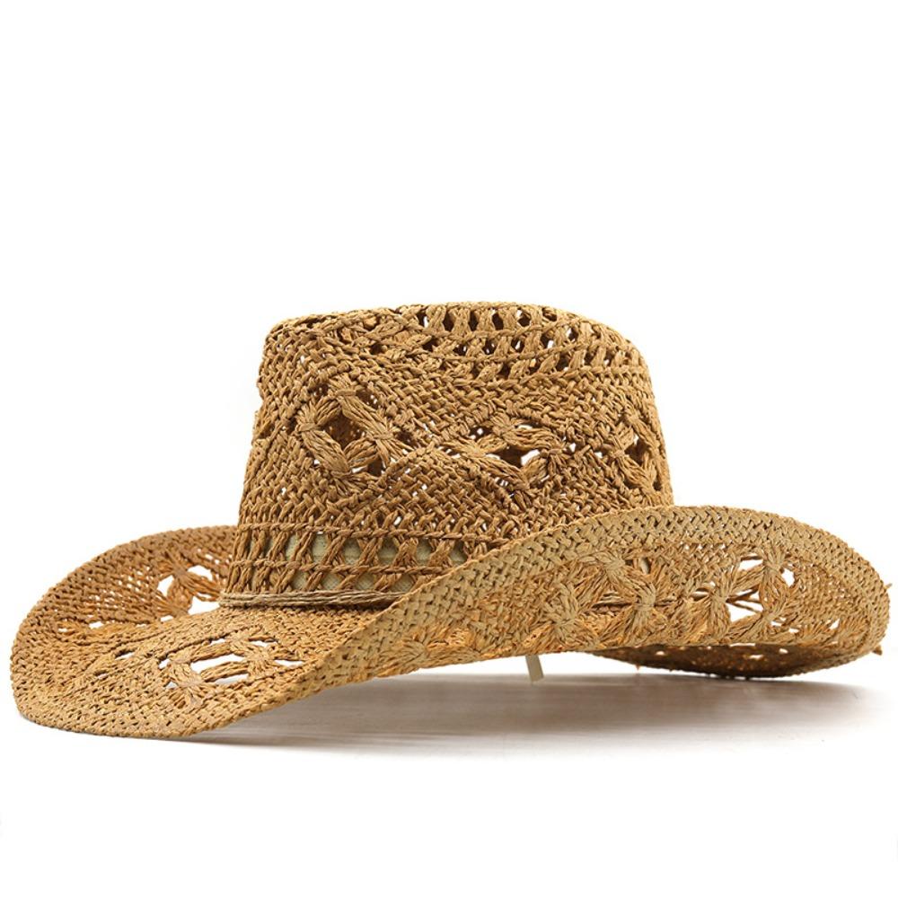 Straw Beach Sun Hat Hollow Out Roll Up Jazz Hat Casual Unisex Cowboy Hat