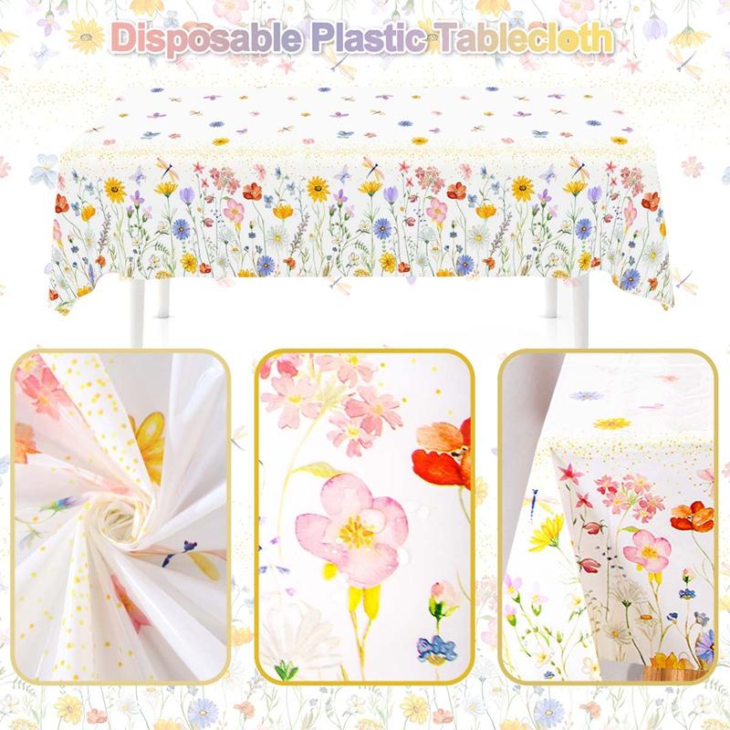 Spring Wildflowers Plastic Tablecloth Floral Grass Tablecover for Weddings, Mother's Day, Birthdays, Seasonal Spring Party Decor