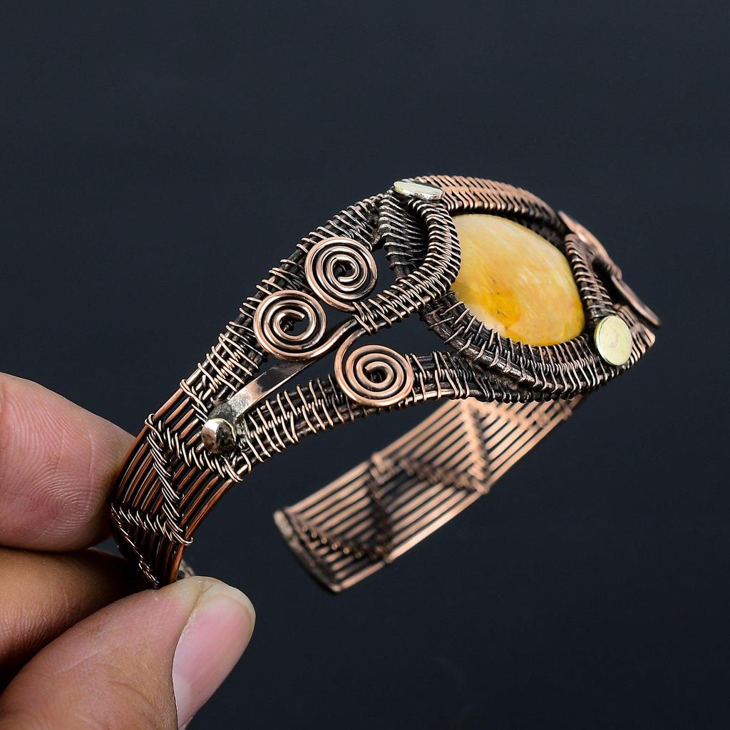 Picture Jasper Gemstone Pure Copper Wire Wrapped Handmade Cuff/Bangle Jewelry